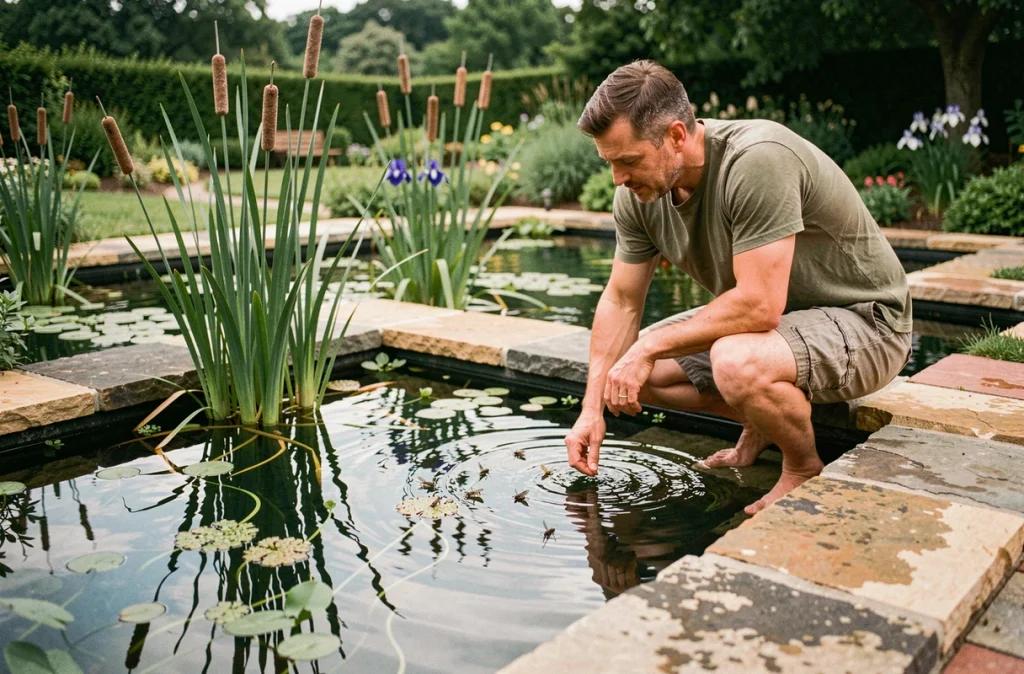 Homme observant la faune aquatique au bord d'une piscine naturelle avec zone de filtration végétale