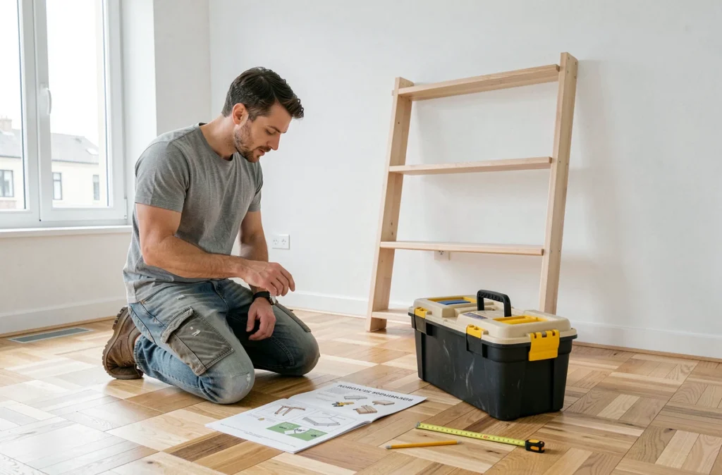 Homme débutant assemblant des meubles avec un guide pratique Maison et Travaux dans un salon vide en cours de rénovation