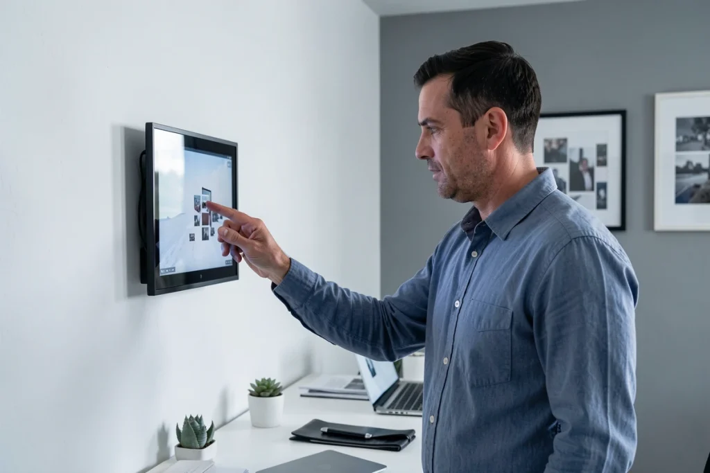 Homme interagissant avec un cadre photo numérique tactile monté au mur dans un bureau minimaliste