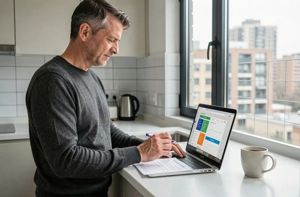 Homme comparant des offres d'abonnement internet sur ordinateur portable avant un déménagement