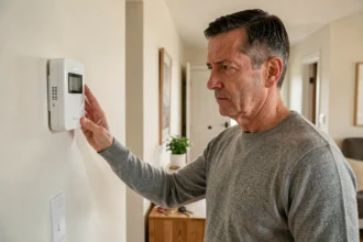 Homme examinant un panneau de contrôle d'alarme Homiris installé dans un couloir de maison moderne