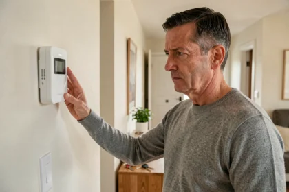 Homme examinant un panneau de contrôle d'alarme Homiris installé dans un couloir de maison moderne