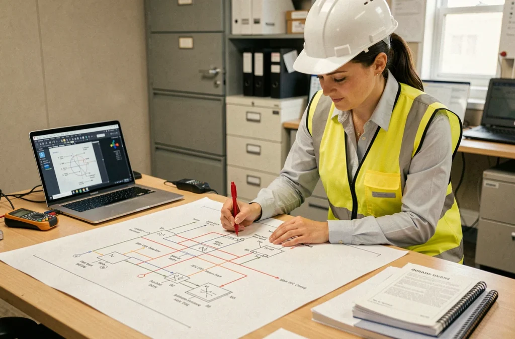 Ingénieure électricienne annotant un schéma de conversion 380V en 220V sur table de travail technique avec multimètre et logiciel CAO