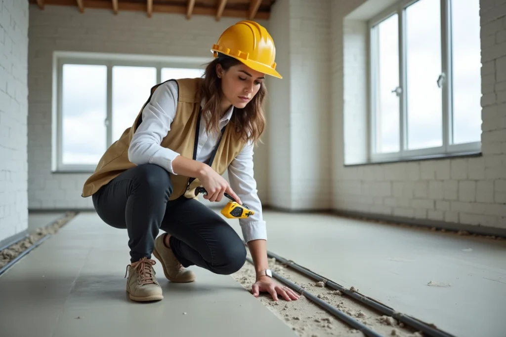 Inspectrice du bâtiment mesurant l'humidité d'une chape ciment pour plancher chauffant avec un hygromètre