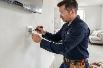 Électricien installant une prise télé murale encastrée dans un salon en rénovation, respectant les normes électriques en vigueur