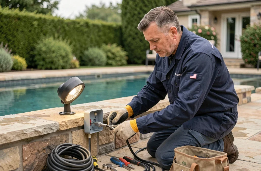 Électricien installant un spot extérieur basse tension sur le bord d'une piscine privée