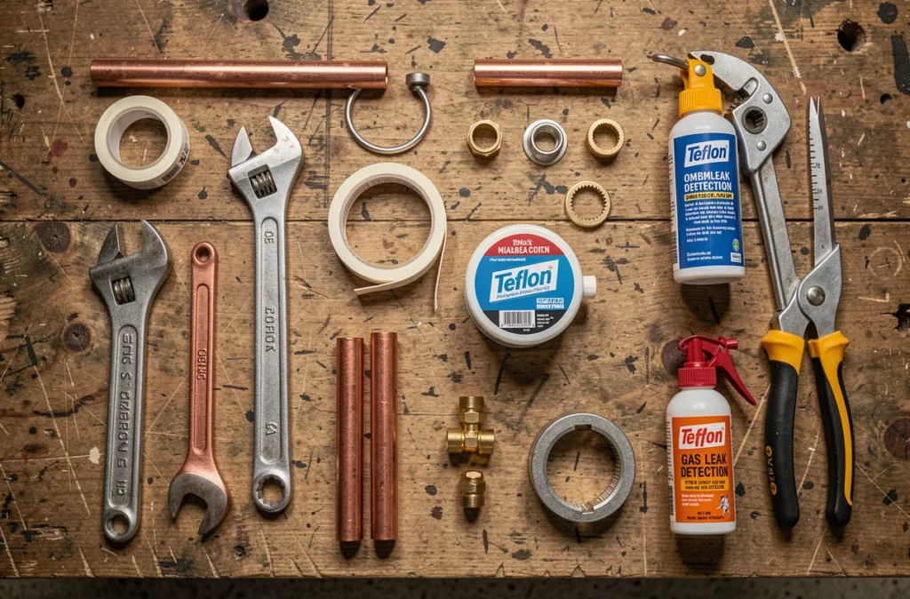 Kit complet d'outils de plomberie pour bricoleur incluant clés, raccords, ruban téflon et coupe-tube sur un établi en bois