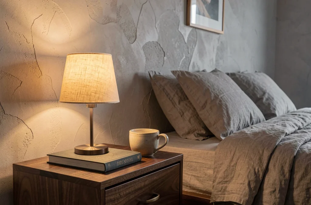 Lampe de chevet avec ampoule dimmable à petit culot dans une chambre à coucher moderne et cosy