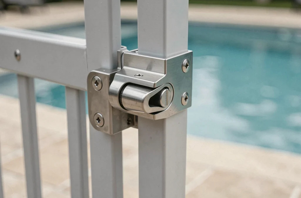 Gros plan sur un loquet de portillon de piscine à fermeture automatique conforme aux normes de sécurité