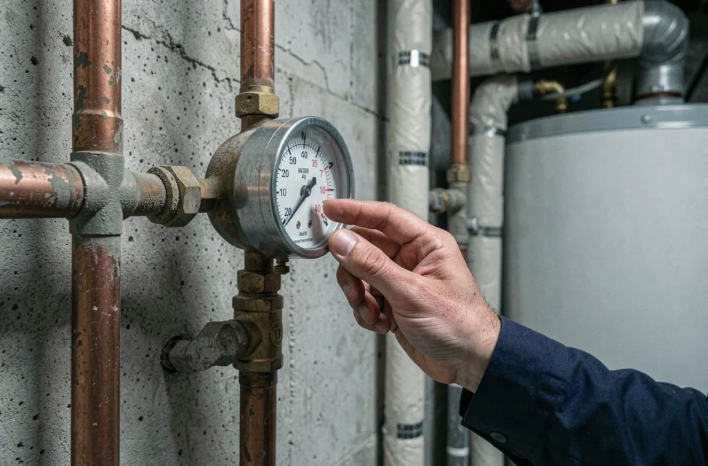 Manomètre de pression d'eau sur une canalisation en cuivre dans une chaufferie
