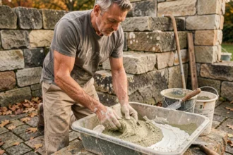 Maçon mélangeant un mortier chaux sable dans une auge sur un chantier de restauration de mur en pierre