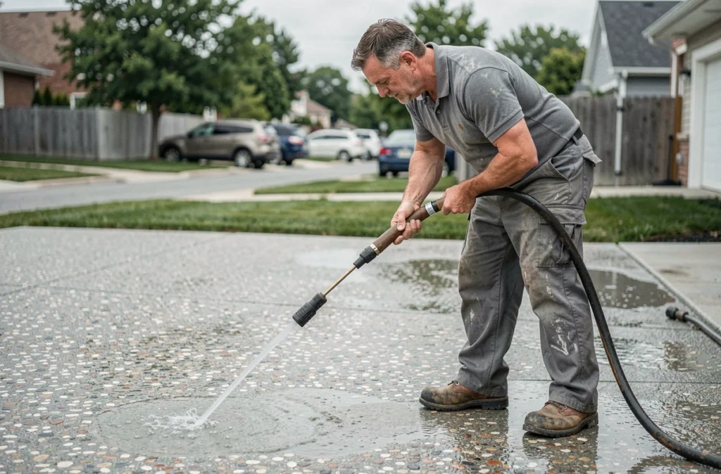 Ouvrier en train de révéler les gravillons d'un béton désactivé par lavage haute pression sur une allée de garage