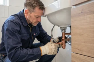 Plombier professionnel inspectant des raccords en cuivre sous un évier de salle de bain moderne avec des outils de plomberie