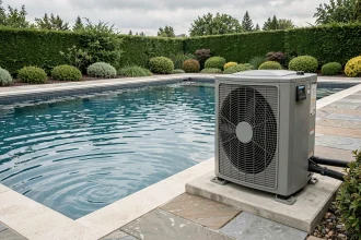 Pompe à chaleur installée à côté d'une piscine extérieure moderne dans un jardin aménagé