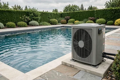 Pompe à chaleur installée à côté d'une piscine extérieure moderne dans un jardin aménagé