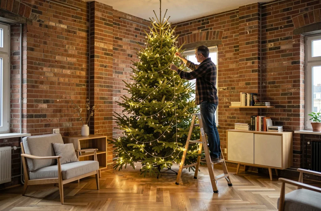 Homme posant une guirlande lumineuse irrégulière sur un grand sapin de Noël dans un salon au style scandinave