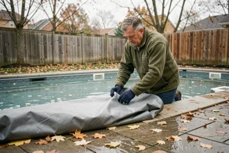Homme recouvrant sa piscine avec une bâche hivernale dans un jardin en automne, avec des feuilles mortes sur les margelles en pierre