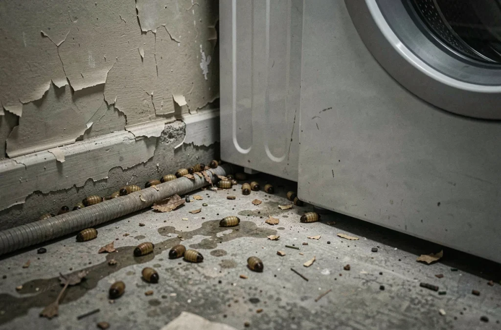 Pupes de mouche découvertes derrière un lave-linge dans une buanderie infestée