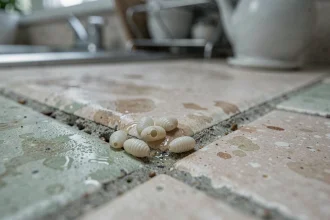 Pupes de mouche visibles dans un coin de plan de travail de cuisine près du siphon