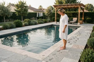 Revêtement en pierre naturelle grise autour d'une piscine moderne dans un jardin méditerranéen
