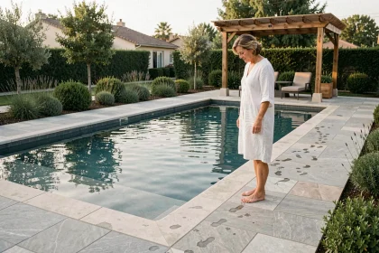 Revêtement en pierre naturelle grise autour d'une piscine moderne dans un jardin méditerranéen