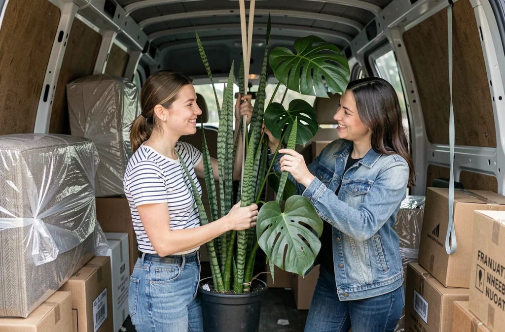 Deux femmes sécurisant des plantes dans un camion de déménagement avec des sangles