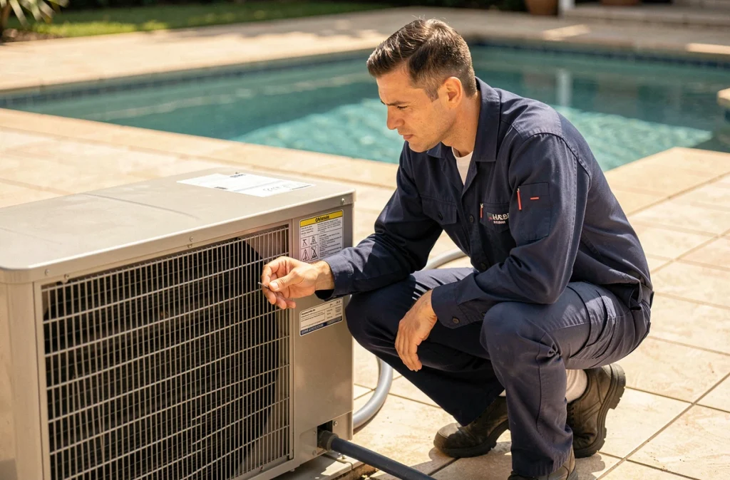 Technicien installant et vérifiant une pompe à chaleur pour piscine sur une terrasse résidentielle