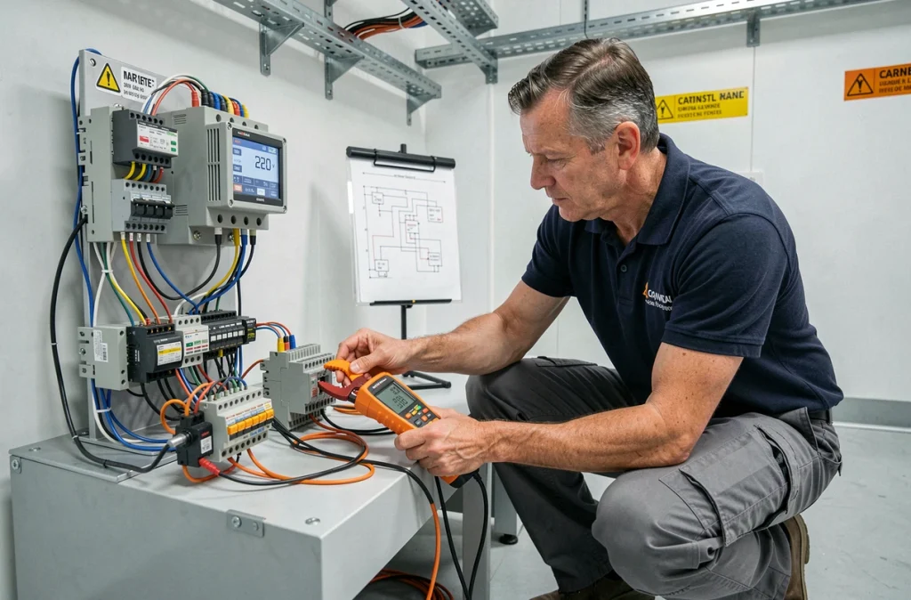 Technicien électricien testant un circuit 220V sur banc d'essai avec transformateur, relais thermiques et appareils de mesure numériques