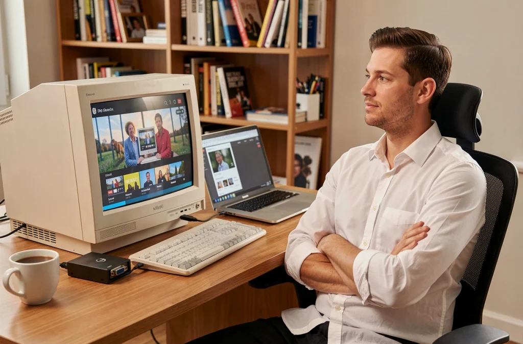 Homme devant un téléviseur CRT plat des années 2000 connecté à un laptop via un convertisseur HDMI moderne