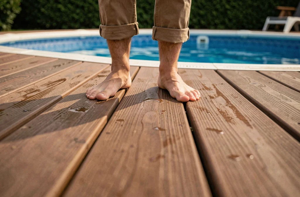 Détail de lame de terrasse composite autour d'une piscine hors-sol avec texture bois réaliste