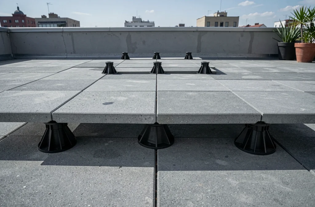 Vue en plongée d'une terrasse en dalles sur plots réglables en milieu urbain, détail du système de pose et du prix au m2