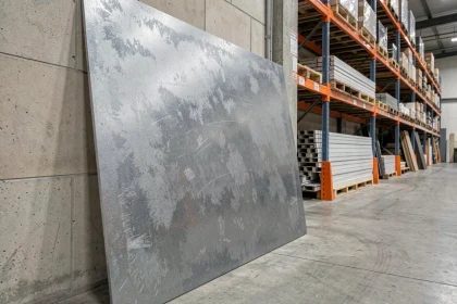Tôle acier 2 mm format 2000x1000 mm appuyée contre un rayonnage de grande surface de bricolage type Brico Dépôt