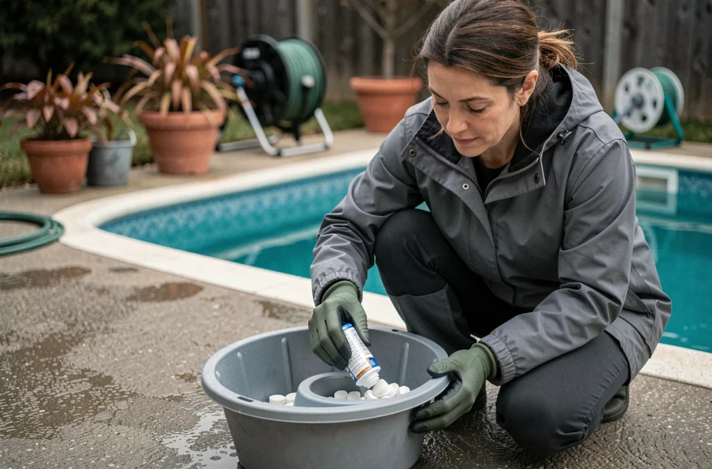 Femme ajoutant des produits hivernants dans une piscine hors-sol sur une terrasse en béton humide à l'automne