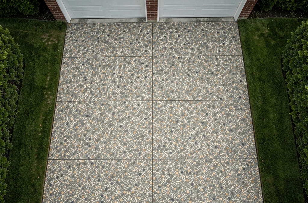 Vue aérienne d'une allée de garage en béton désactivé avec gravillons apparents et joints de dilatation