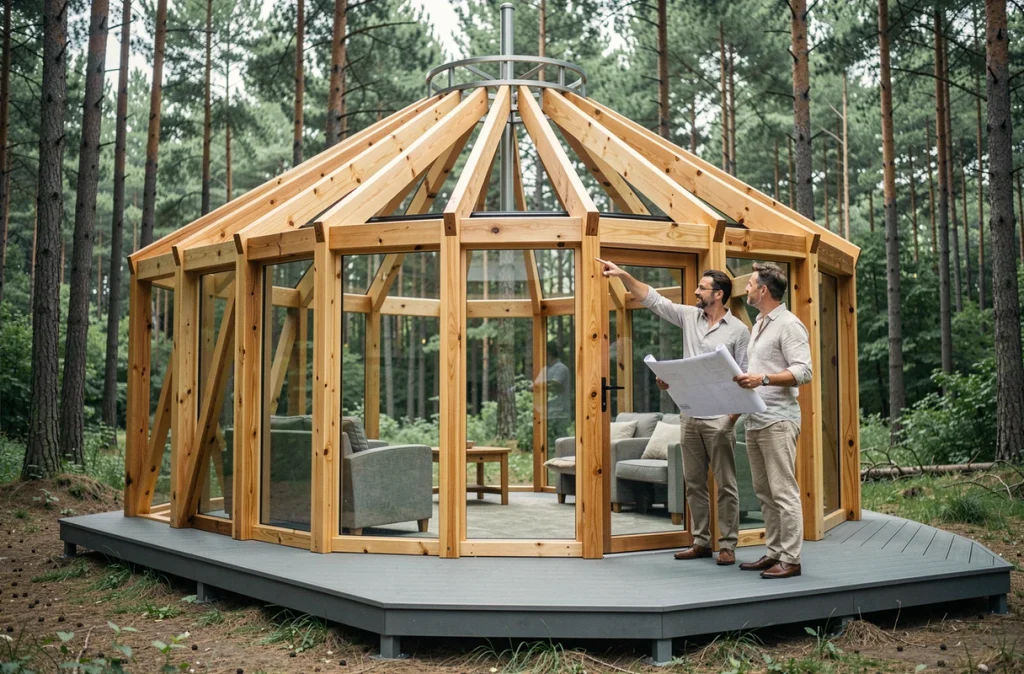 Yourte contemporaine en bois avec verrière panoramique installée en forêt, couple consultant des plans architecturaux