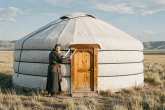 Yourte mongole traditionnelle en bois et feutre sur la steppe, avec un artisan inspectant les détails de la structure en bois
