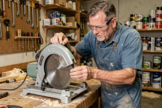 Artisan inspectant une scie circulaire d'occasion Lidl sur un établi dans un atelier de bricolage