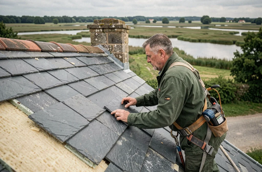 Couvreur Atout Couvertures fixant des ardoises sur une isolation sous toiture d'une ferme traditionnelle en Loire-Atlantique