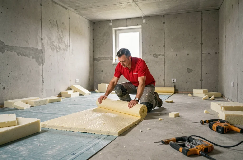 Ouvrier BJ Renov posant des rouleaux d'isolation thermique sous le plancher d'une maison en rénovation