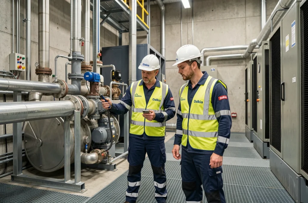 Ingénieurs Dalkia inspectant un système de climatisation industriel dans une installation du Rhône