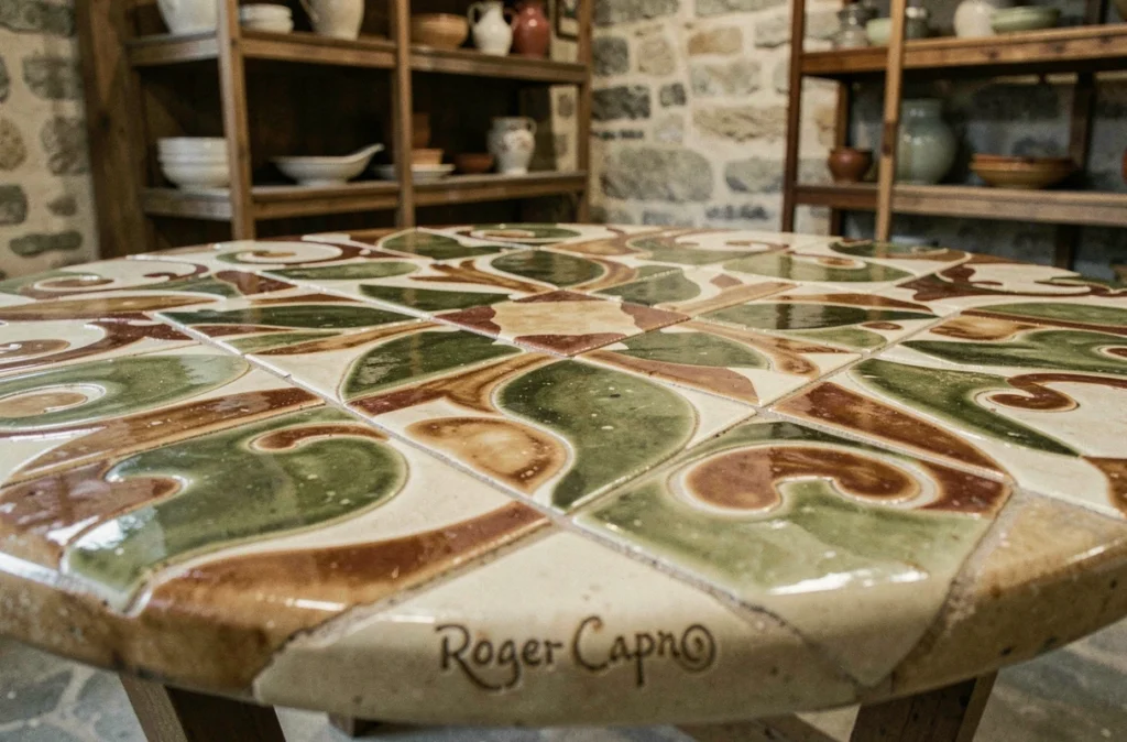 Gros plan sur les carreaux de céramique artisanaux d'une table basse Capron avec signature du créateur visible, dans une galerie d'antiquités