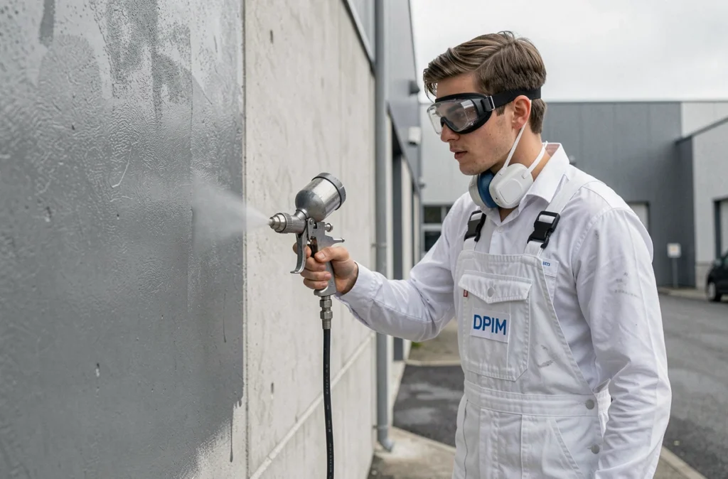 Peintre DPIM utilisant un pistolet à peinture sur un bâtiment commercial contemporain près de Nantes