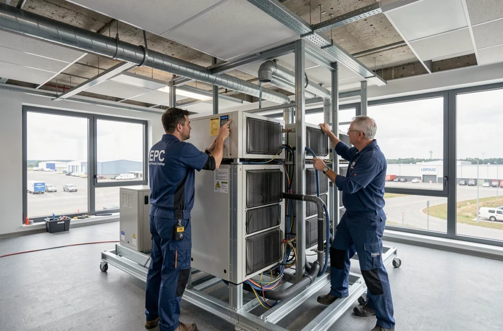 Deux techniciens d'EPC Énergie Plomberie Chauffage installant un système de climatisation dans des bureaux du Rhône