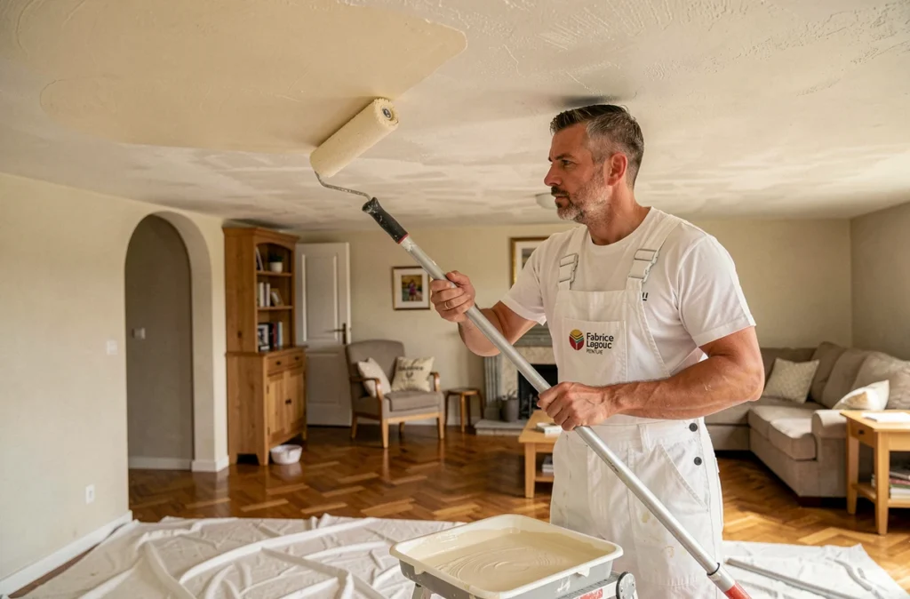 Fabrice Legouic appliquant de la peinture au rouleau sur un plafond lors d'une rénovation en Loire-Atlantique