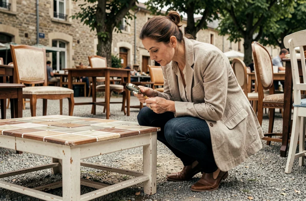 Une femme experte examine attentivement une table basse Capron dans un marché aux puces en plein air pour évaluer son authenticité et son prix