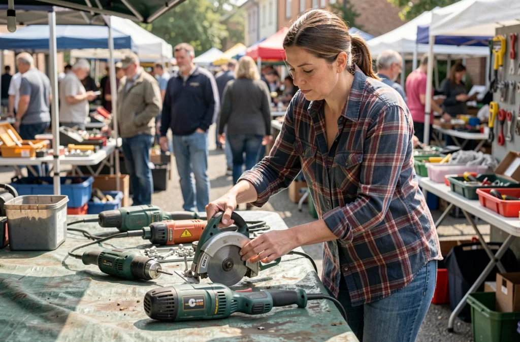 Femme examinant une scie circulaire d'occasion dans un marché aux puces spécialisé en outillage