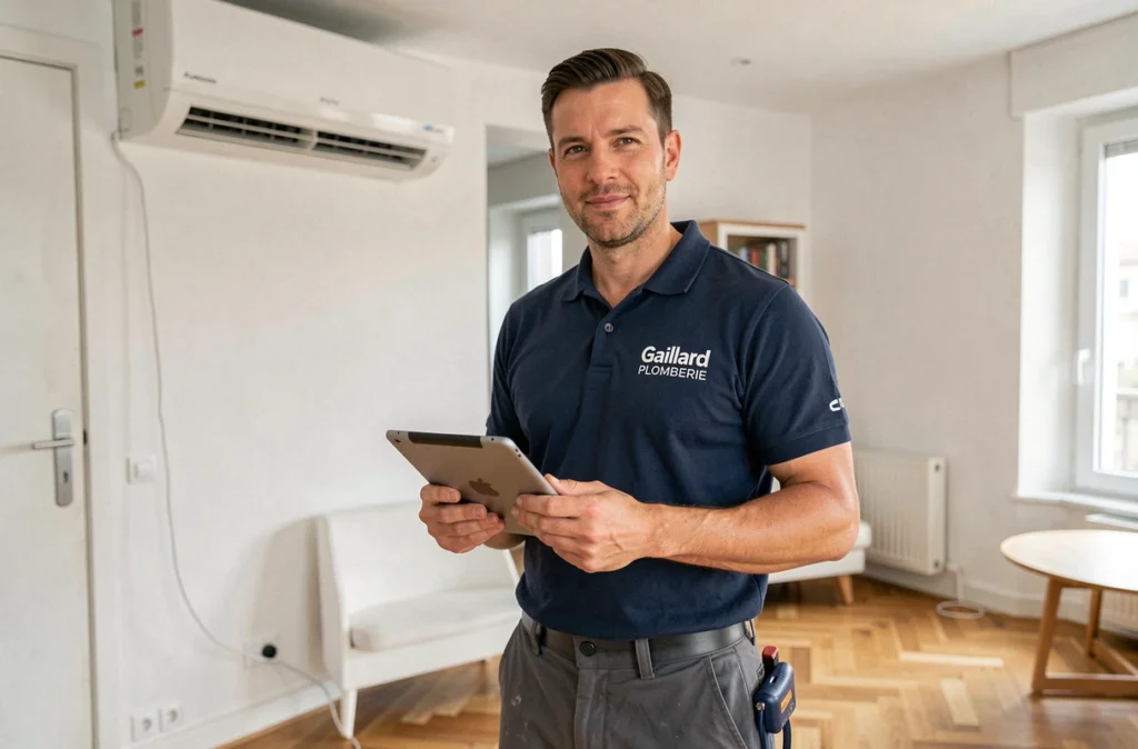 Technicien de Gaillard Plomberie vérifiant une climatisation installée dans un appartement lyonnais