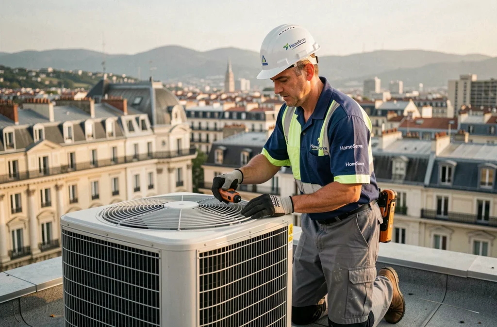 Technicien HomeServe Rénov' effectuant la maintenance d'un climatiseur sur un toit lyonnais