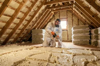 Technicien en isolation thermique travaillant dans un grenier en Loire-Atlantique, entouré de matériaux isolants