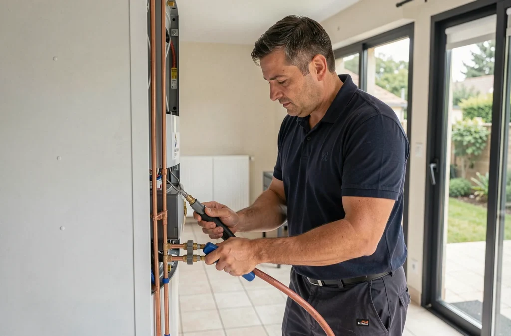 Artisan indépendant Karim Otmani connectant les tubes en cuivre d'un climatiseur dans une maison du Rhône